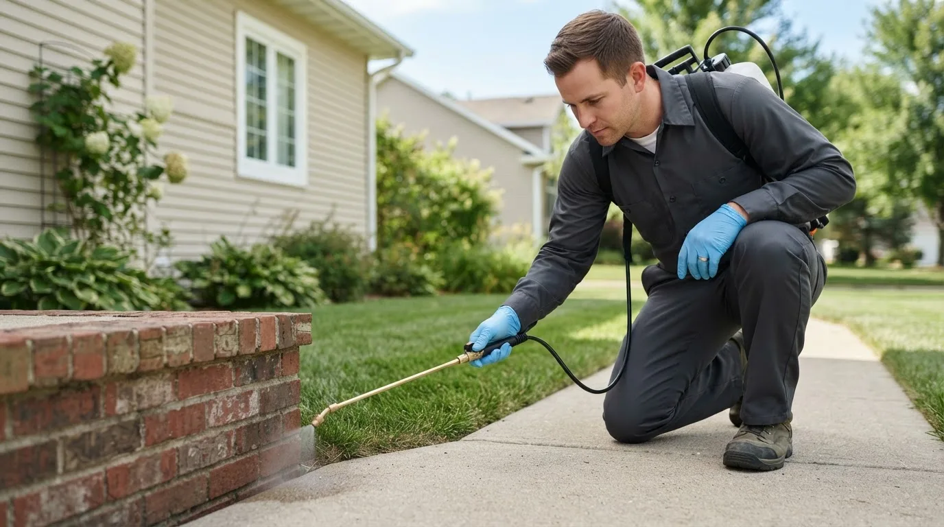Pest control technician treating a home near Roma, TX